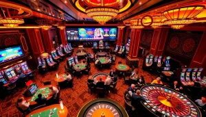A lively gaming scene at Nhà cái XX88 featuring poker tables, slot machines, and vibrant players.
