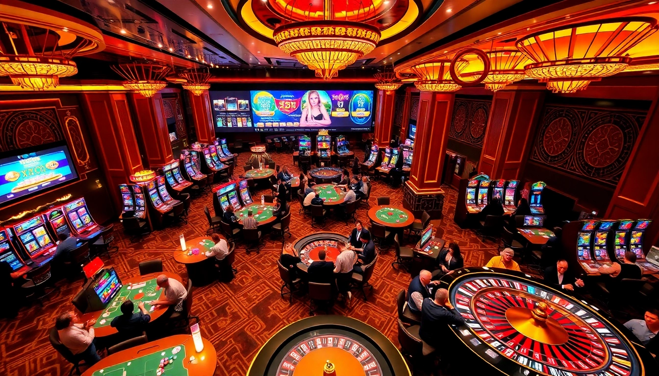 A lively gaming scene at Nhà cái XX88 featuring poker tables, slot machines, and vibrant players.