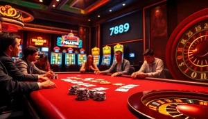 Gamblers engaging at DOLA789's luxurious poker table with vibrant slot machines in the background.