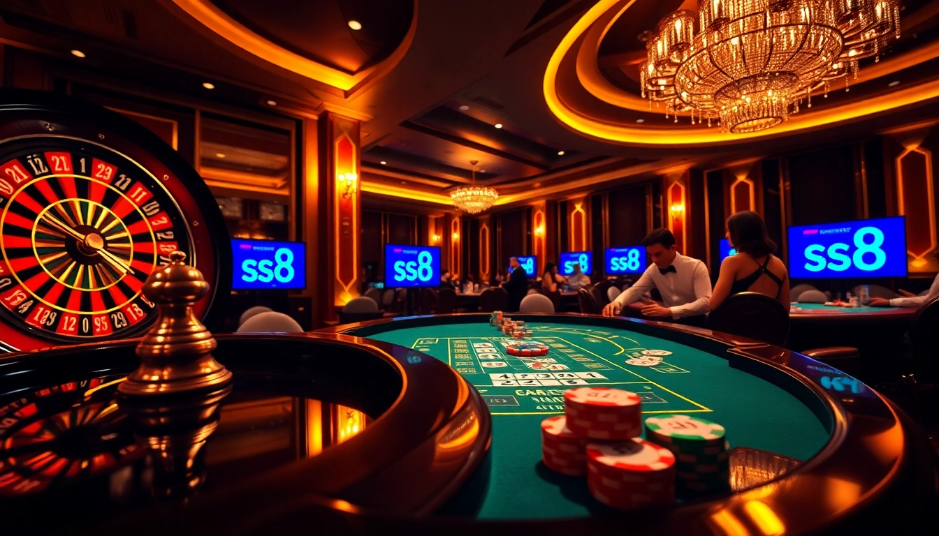 Thrilling casino players engaging by the s8 roulette table in a luxurious setting.
