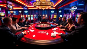 A vibrant BET88 casino scene featuring players enjoying poker at a luxurious gaming table with chips and cards.