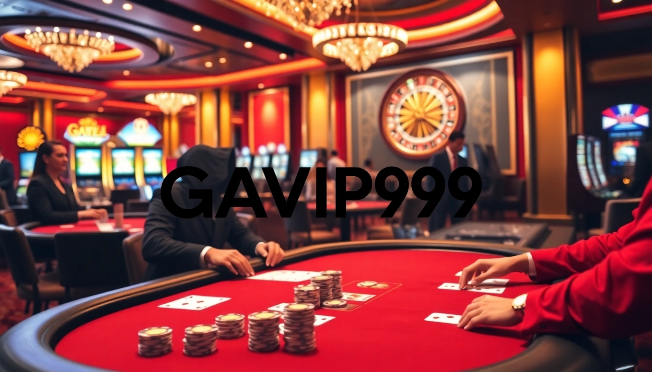 GAVIP999 logo showcased in an exciting casino setting with poker tables and vibrant slot machines.