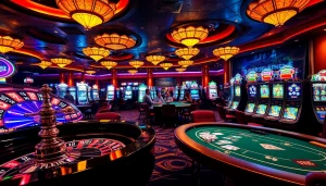 Players reveling in the excitement of b52-themed slot machines at an elegant casino.