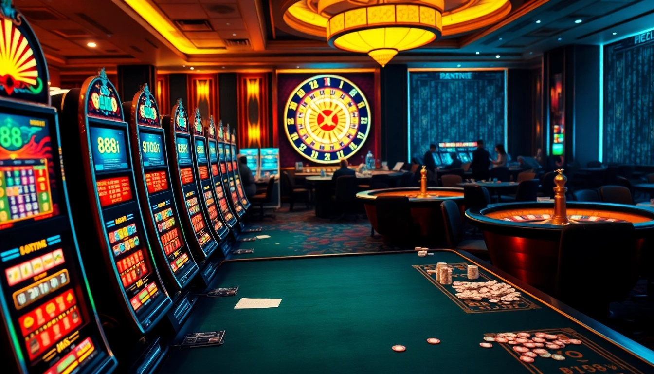 Vibrant casino scene showcasing 88i slot machines and poker tables in action.