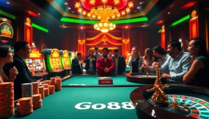 Players strategizing at the Go88 table in an exciting casino ambiance filled with glamorous visuals.