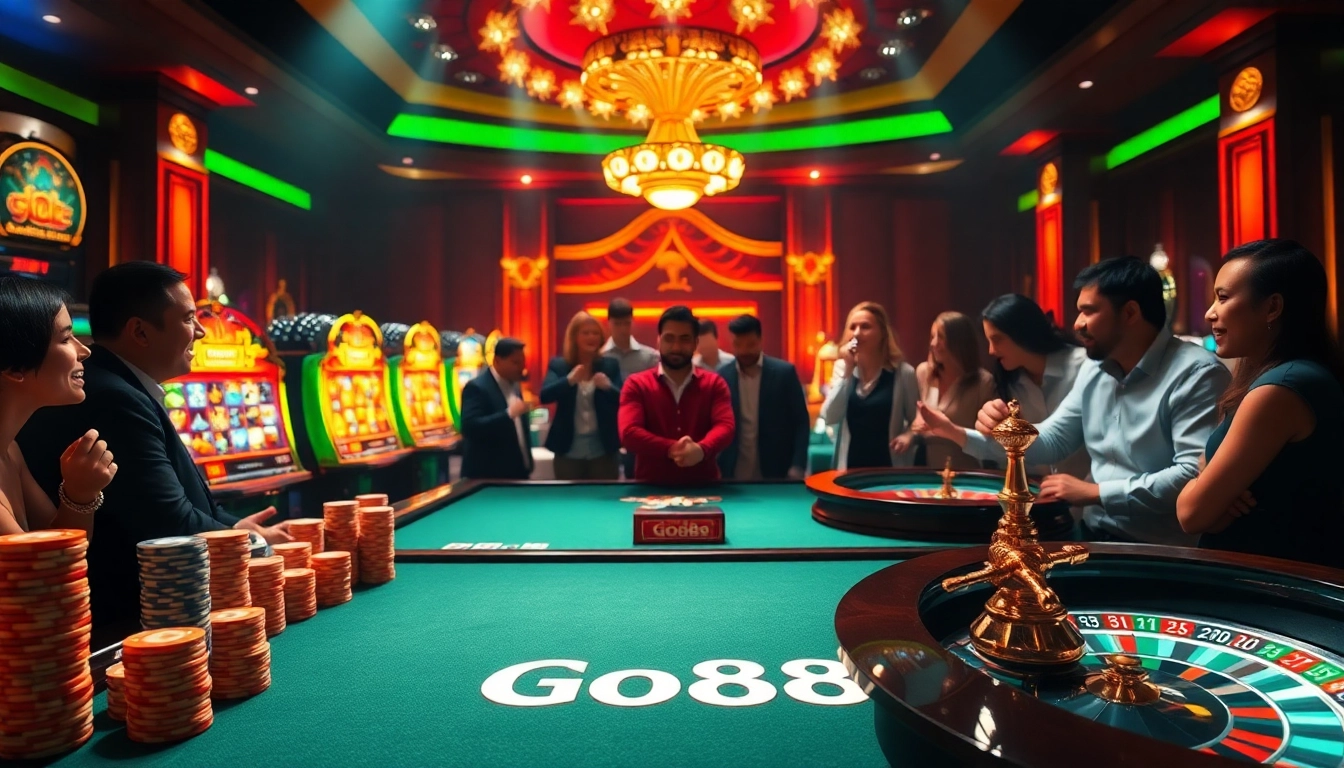 Players strategizing at the Go88 table in an exciting casino ambiance filled with glamorous visuals.
