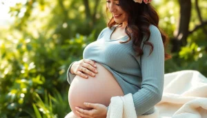 Emotionale Schwangerschaftsfotografie einer werdenden Mutter mit Babybauch im Freien.