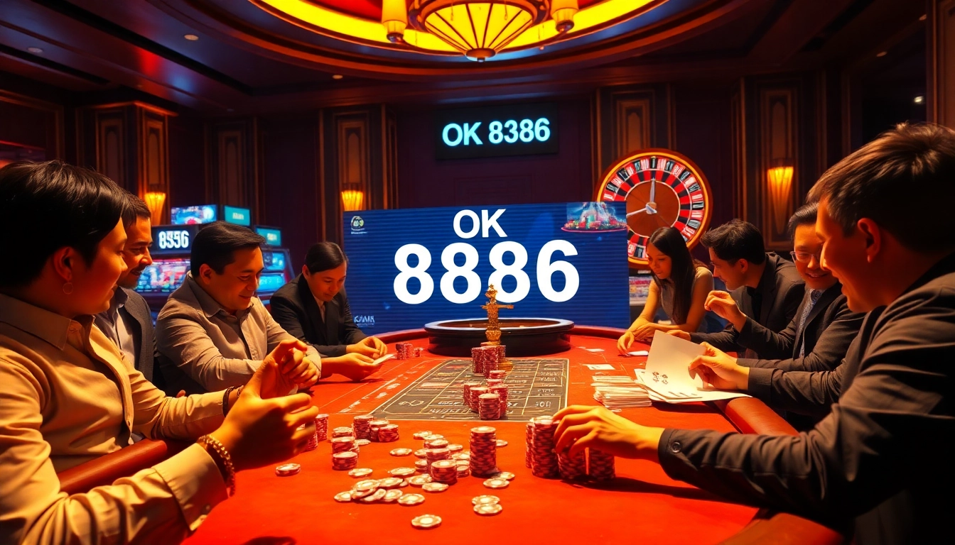 Players experiencing excitement at a luxurious casino table with the focal point on OK 8386 gaming.