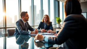 Headhunter Schweiz diskutiert Karrierechancen in einem modernen Büro mit Klienten.