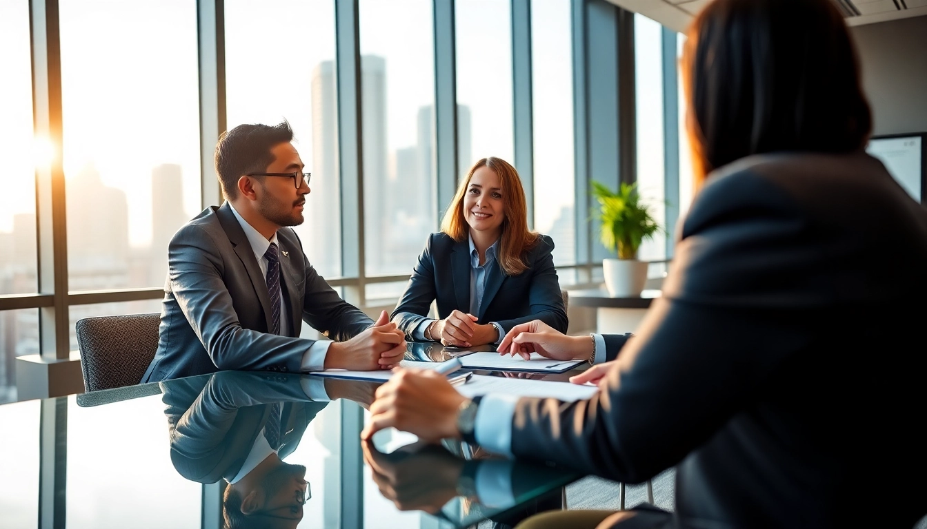 Headhunter Schweiz diskutiert Karrierechancen in einem modernen Büro mit Klienten.