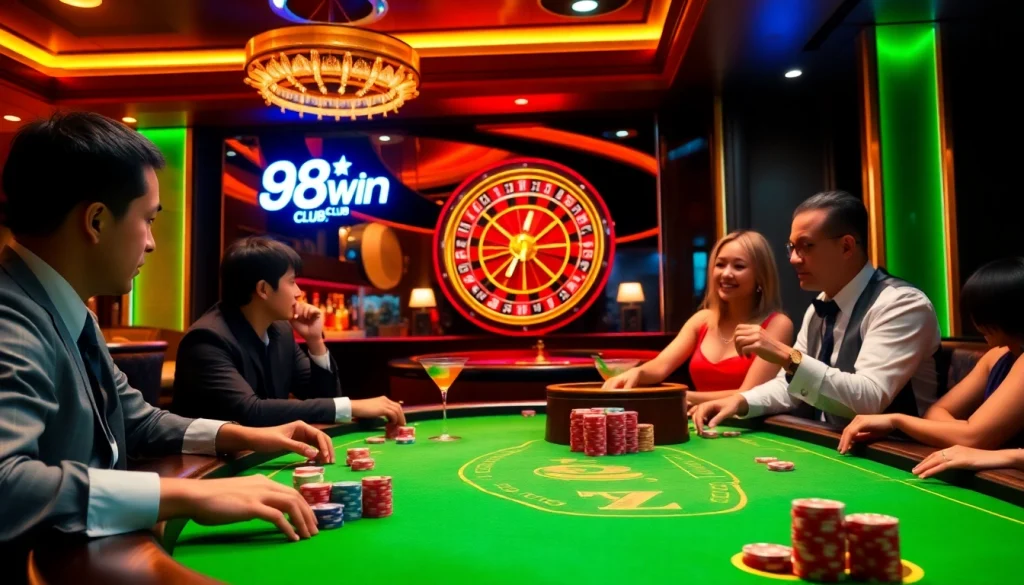 Engaged players enjoying a poker game at the 98win club casino, with vibrant colors and luxurious atmosphere.