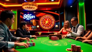 Engaged players enjoying a poker game at the 98win club casino, with vibrant colors and luxurious atmosphere.