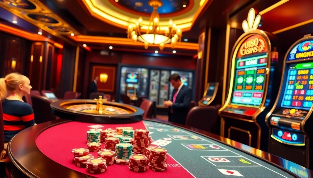 Players enjoying a winning moment at uu881 club with vibrant casino tables and slot machines.