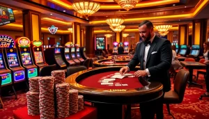 Hào hứng cược tại LUCK8 với các yếu tố casino sang trọng bao gồm chip poker và bàn roulette.