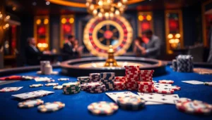 Engage in the thrilling cổng game 789club at an upscale casino table with vibrant poker chips and cards.