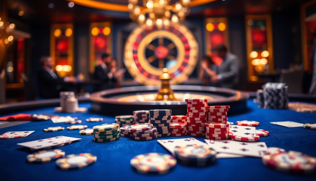 Engage in the thrilling cổng game 789club at an upscale casino table with vibrant poker chips and cards.