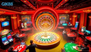 Experience thrilling action at GK88 casino with vibrant tables, roulette wheel, and engaged players.