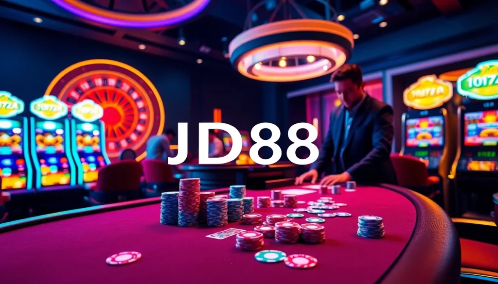 Thưởng thức các trò chơi casino JD88 đầy kịch tính với các đồng chip poker rực rỡ và bánh xe roulette.