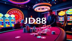 Thưởng thức các trò chơi casino JD88 đầy kịch tính với các đồng chip poker rực rỡ và bánh xe roulette.