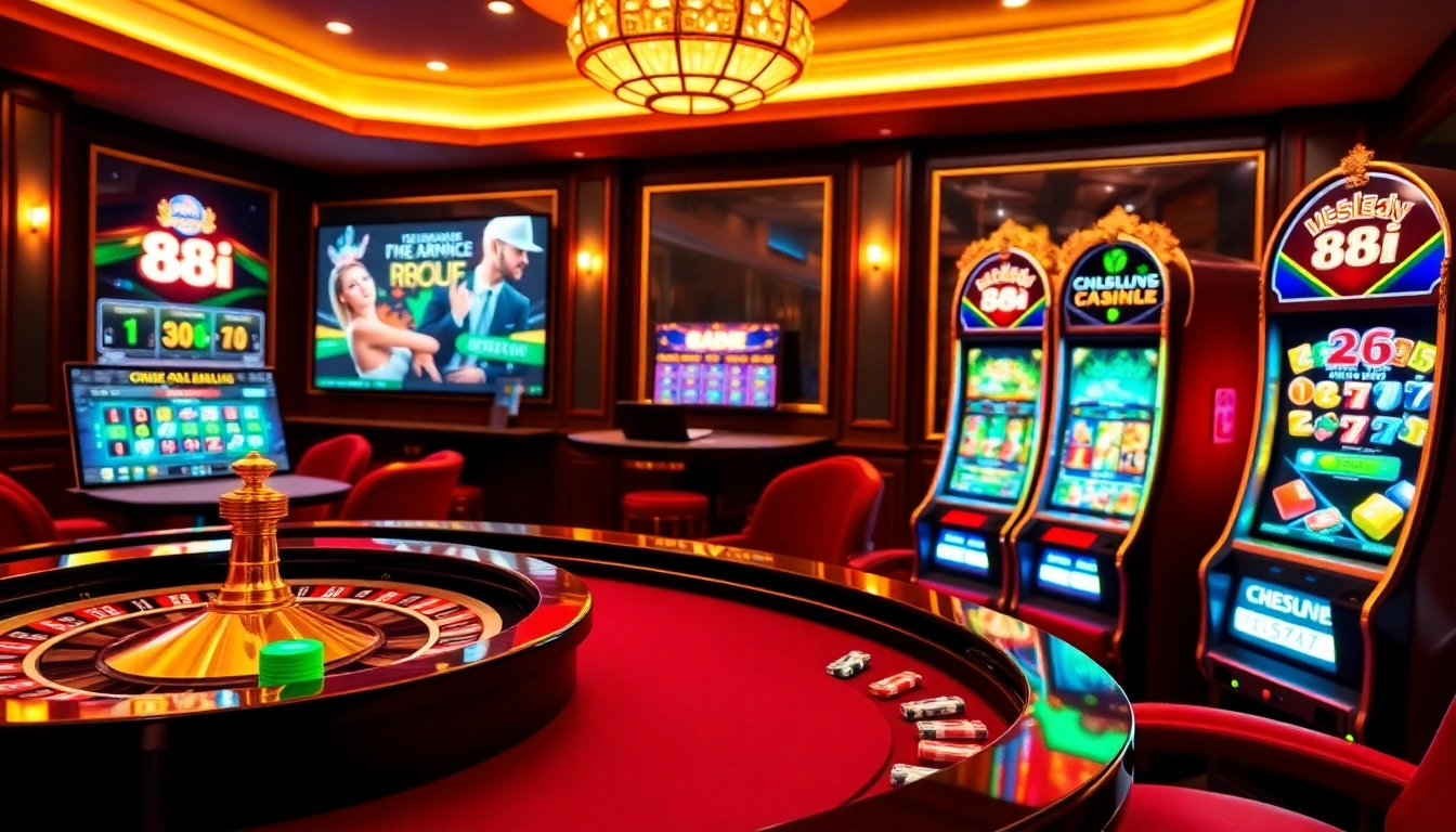 Experience thrilling online gambling at 88i with vibrant casino elements, including roulette wheels and poker chips.