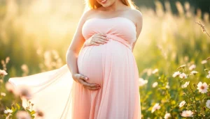 Wunderschöne Schwangerschaftsfotografie zeigt werdende Mutter in natürlicher Umgebung.