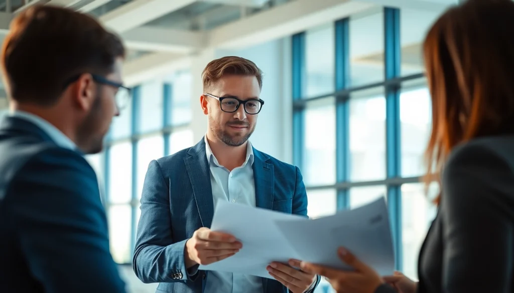 Headhunter IT im modernen Büro, der mit Kunden interagiert und Lebensläufe prüft.