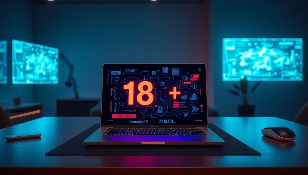 Innovative workspace showcasing 18+ ai technology with futuristic digital displays.