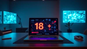 Innovative workspace showcasing 18+ ai technology with futuristic digital displays.