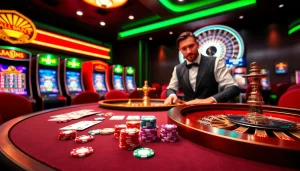 Experience the excitement of gambling at jun88 with vibrant casino elements like cards and roulette.