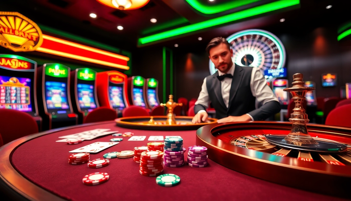 Experience the excitement of gambling at jun88 with vibrant casino elements like cards and roulette.