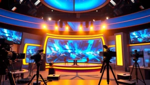 Lauthaitv studio set with vibrant lighting, advanced broadcasting equipment, and dynamic screens.