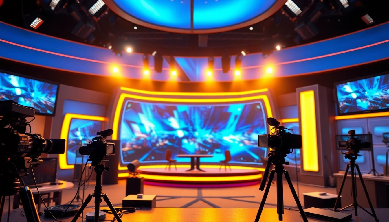 Lauthaitv studio set with vibrant lighting, advanced broadcasting equipment, and dynamic screens.