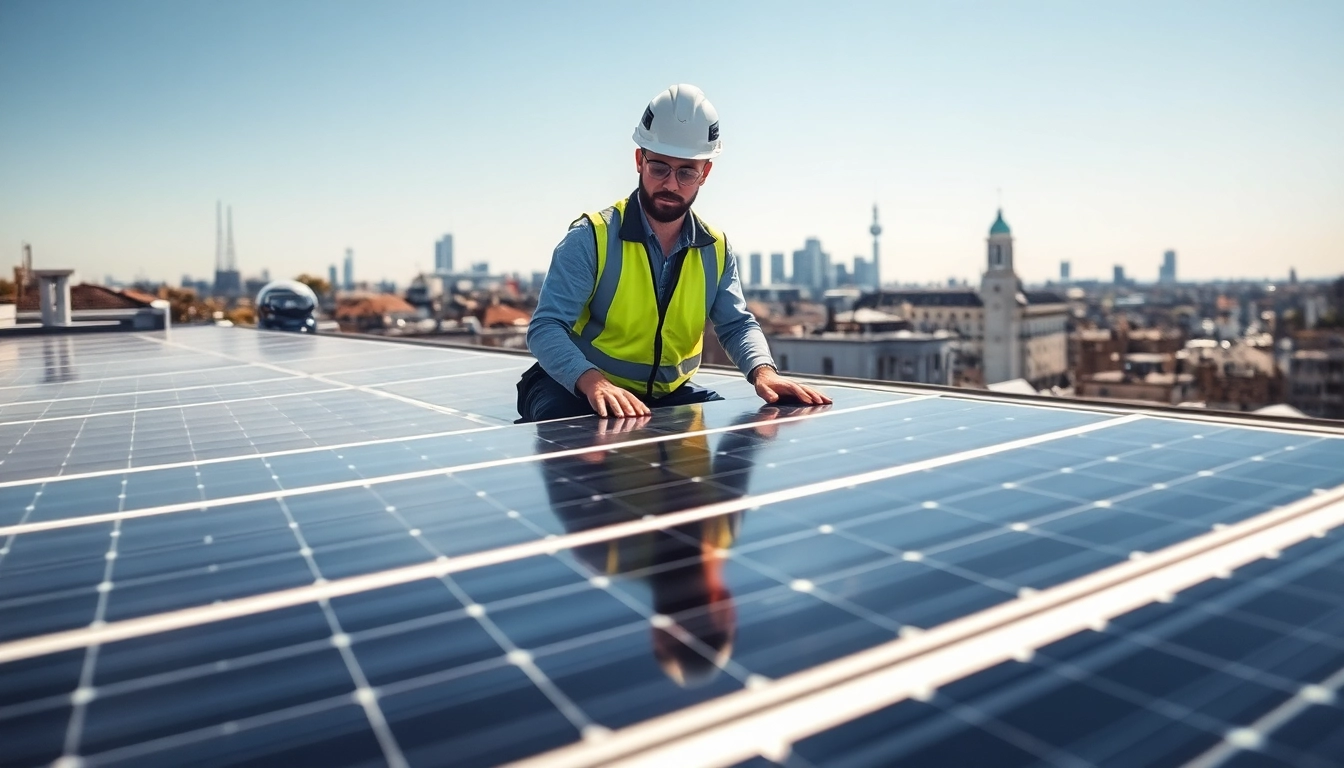Solar Wien zeigt einen Techniker bei der Installation von Solarpanelen auf einem Wiener Dach.