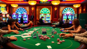 Excited players at a DOLA789-themed casino table, showcasing vibrant poker chips and dice.