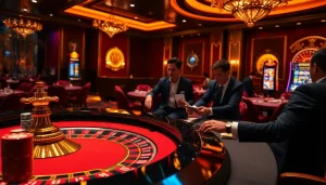 Experience the thrill of gambling in a luxurious scene featuring Nhà cái KK55 casino tables and poker games.