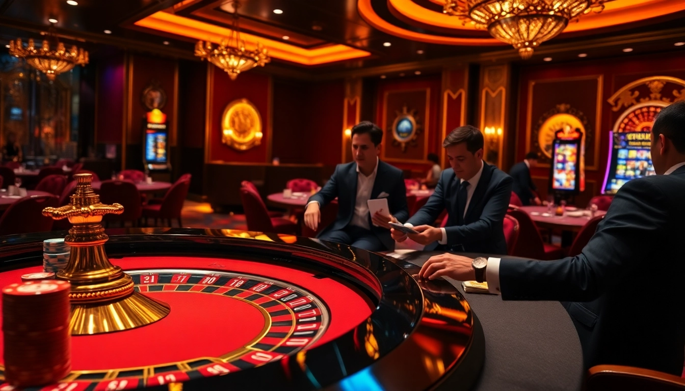 Experience the thrill of gambling in a luxurious scene featuring Nhà cái KK55 casino tables and poker games.