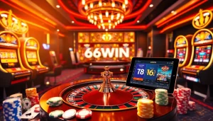 A vibrant casino scene featuring 68WIN with roulette, cards, and poker chips, showcasing online gambling excitement.