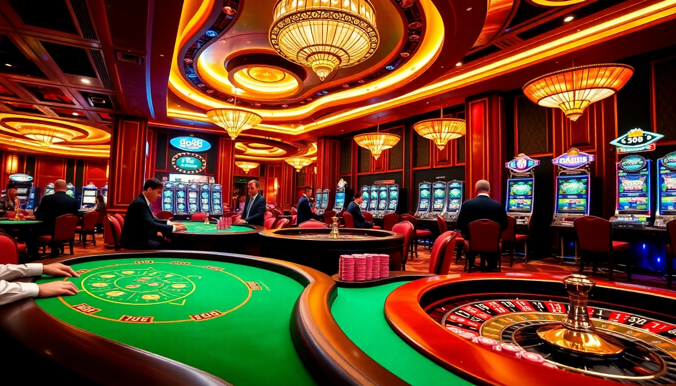 Players engaging at the Go88-themed casino tables filled with poker chips and cards.