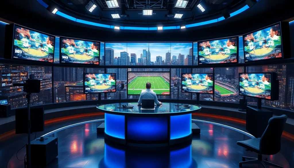 Sports Broadcasting studio with dynamic live sports feeds and anchor desk.
