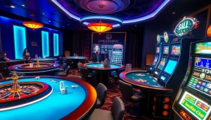 CM88 poker players strategizing at a luxurious casino table, vibrant chips and cards present.