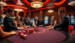 Experience the excitement of trang chủ 33win with lively casino scenes showing poker chip stacks and roulette.