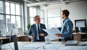 Headhunter Ingenieure in professionellem Gespräch mit Ingenieuren in einem modernen Büro.
