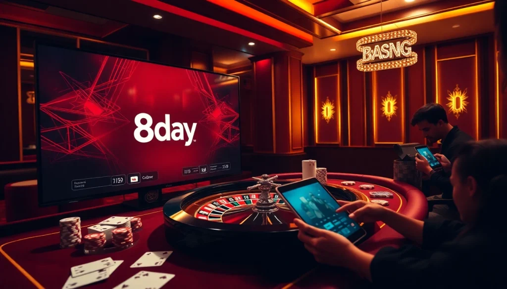8day online casino scene showcasing players enjoying poker and roulette in a lively atmosphere