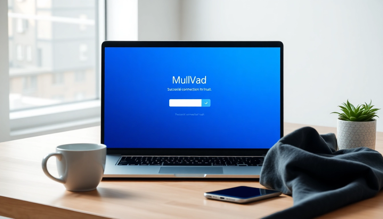 Mullvad VPN interface on a laptop, showcasing secure connection in a modern workspace.