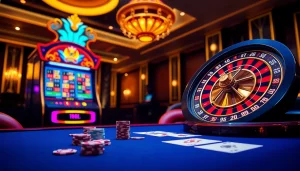 bong99 showcases an exciting casino scene with vibrant poker chips and a roulette wheel.