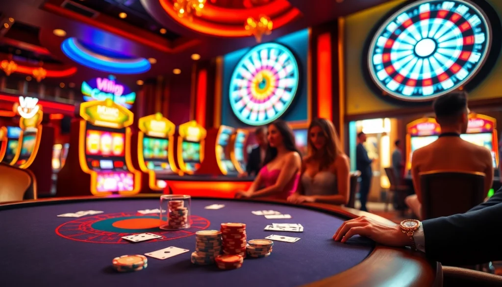 Experience the exhilarating gaming atmosphere at VVVWin with vibrant poker tables and spinning roulette wheels.