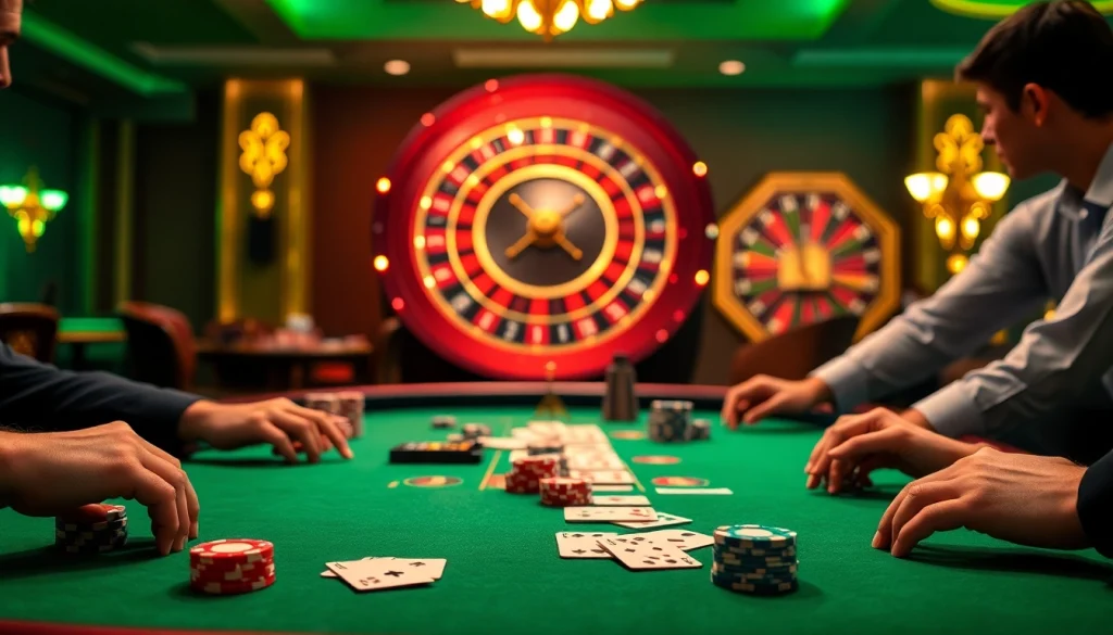 Engaged players enjoying a thrilling poker game at F88BET's luxurious casino table.