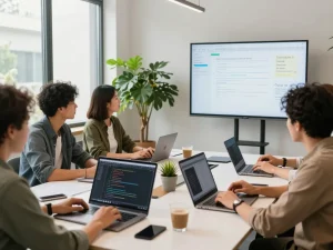 软件开发人员在笔记本电脑上使用谷歌浏览器的协作工作空间，充满活力的办公氛围促使创新。