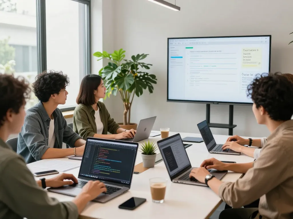 软件开发人员在笔记本电脑上使用谷歌浏览器的协作工作空间，充满活力的办公氛围促使创新。