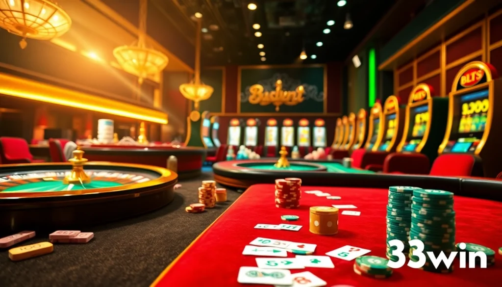 33win gaming environment featuring vibrant casino tables, poker chips, and roulette wheels in an elegant setting